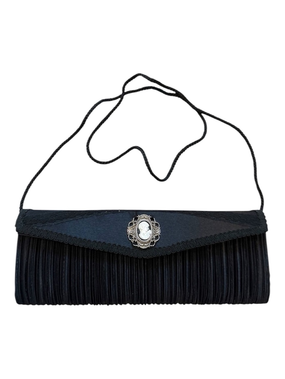 Jessica McClintock Black Pleated Satin Cameo Lace Envelope Style Clutch Purse